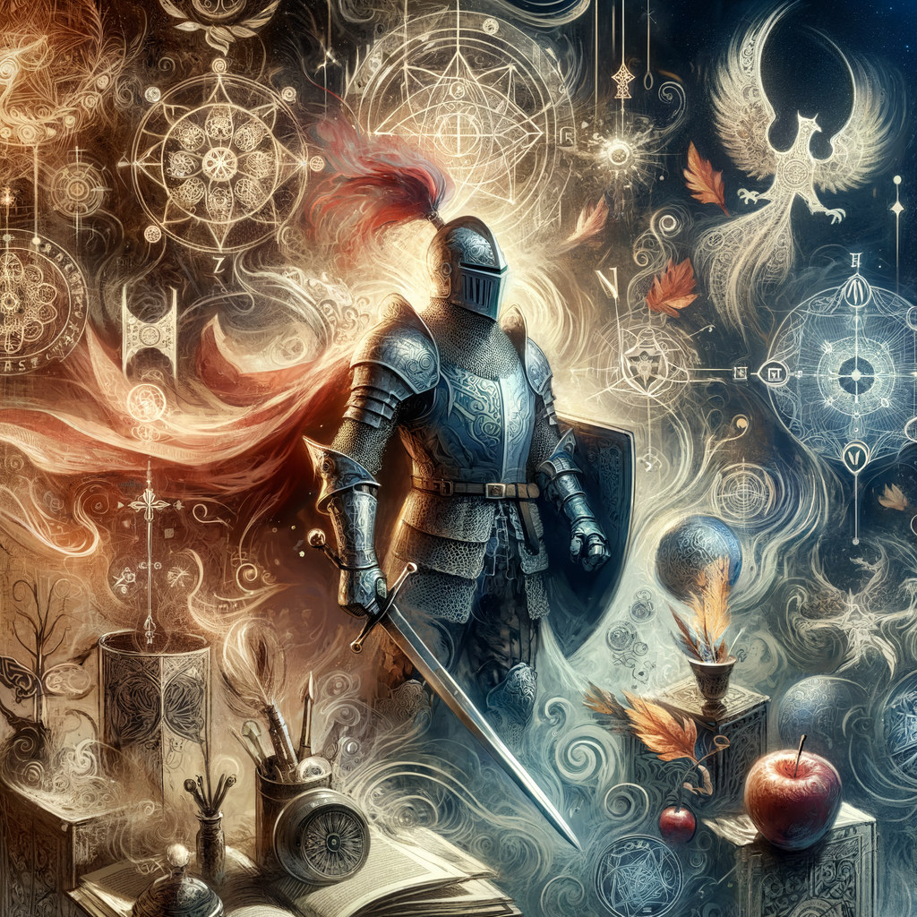 Medieval knight in armor surrounded by glowing mystical symbols and magical elements in fantasy setting.